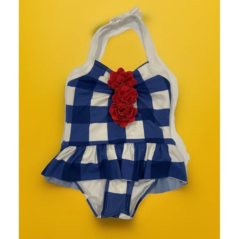 Janie and Jack blue white plaid check Red Flowers swimsuit baby girl 2T July 4th